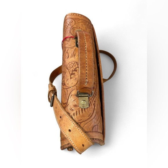Sergio Collection Vintage 80s 90s Hand Tooled Leather Crossbody Briefcase Satche - Picture 6 of 14